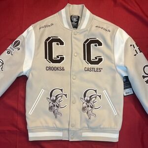 New Crooks And Castles "Ruling Elite" Varsity Jacket Off White Cream Men Medium